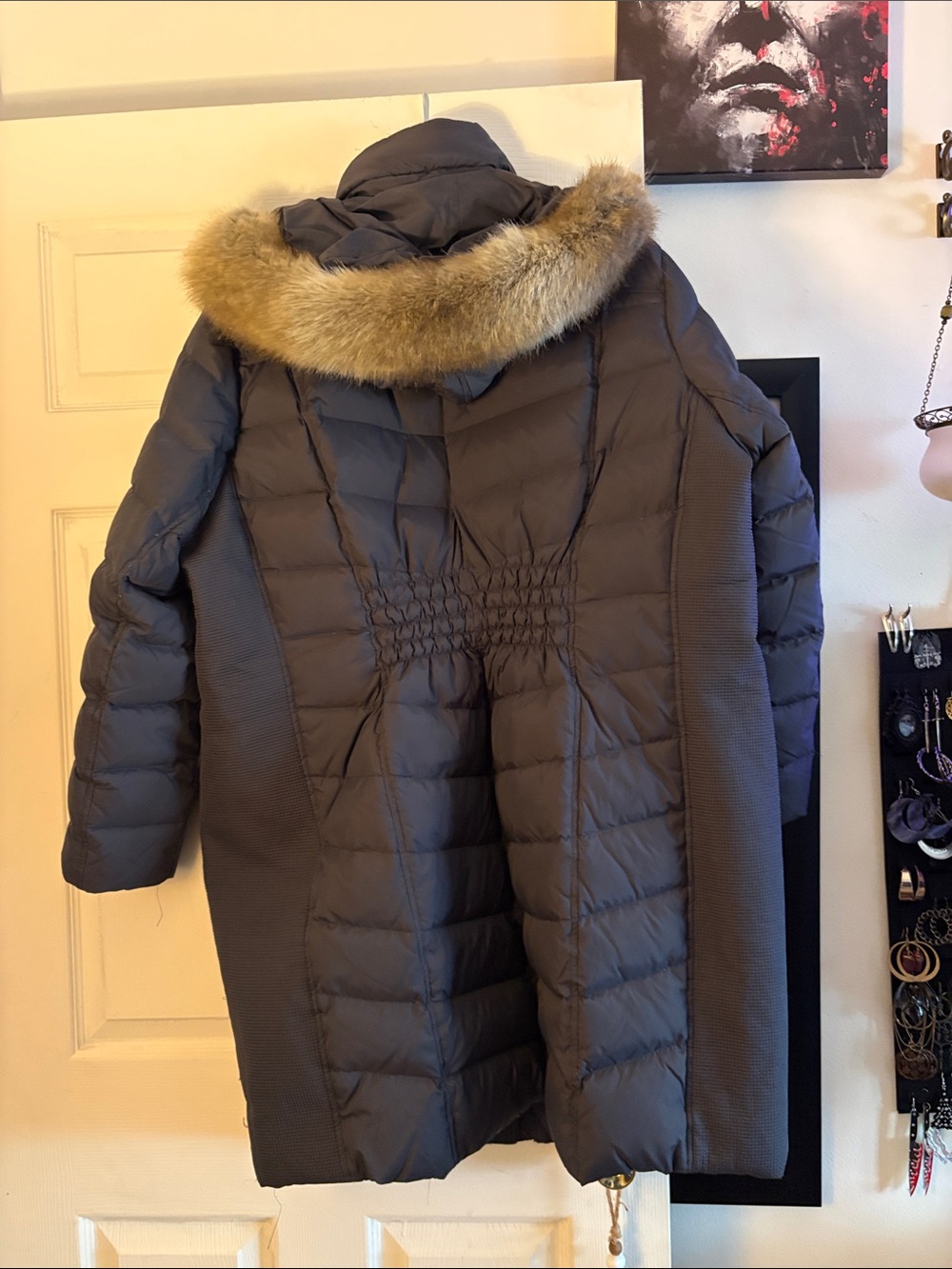 Michael Kors Charcoal Quilted Long Puffer Coat with Faux-Fur Hood - Picture 3 of 4